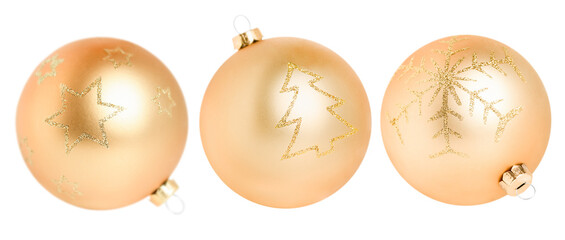 Wall Mural - three gold-colored Christmas ornaments, at different angles, on a white isolated background