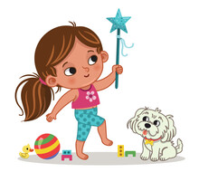 Little Girl Playing With Fairy Wand And Her Dog Watching Her. 