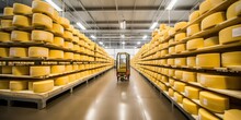Rows Of Cheese Pieces On Wooden Shelves In Store Or At Large Milk Factory. Concept Of Production Of European Cheeses And Dairy Products.
