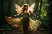 Photorealistic Image Of A Dancing Forest Fairy.