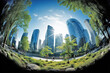 green car free city concept, sustainable city with trees and park, fisheye illustration