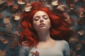 Beautiful girl sleeping peacefully, bright red copper color hair, surrounded by autumn fall leaves and flower petals, youthful calm and glamourous princess of nature - generative AI