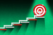 © Alberto Masnovo - Ladder of success or Goal concept. Symbol of an arrow going up some steps to a red and white target on a green wall with copy space.