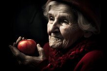Portrait Of An Elderly Woman In A Burgundy Sweater With A Red Apple On Dark Background..