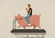© fStop - Man sitting and drinking on pig exercising, walking on treadmill