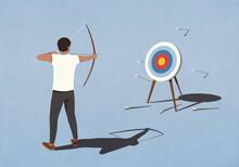 Man With Bow Shooting Arrows At Bull's-eye, Missing The Mark
