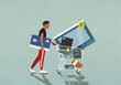 © fStop - Male consumer with credit card pushing shopping cart with technology merchandise
