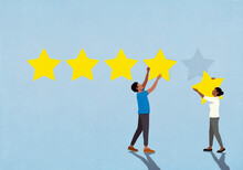 Couple Rating, Placing Five Stars On Blue Background
