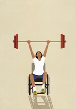 Happy, Strong, Determined Woman In Wheelchair Weightlifting Barbell Overhead
