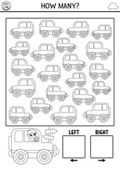 Wall Mural - Transportation logic black and white game with right and left concept for kids. I spy searching, counting activity with car. Transport printable space orientation coloring page for preschool children.