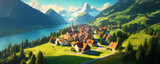 Fototapeta  - Switzerland Beautiful Landscape – Village in front of lake and mountain (Ai generative)