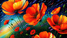 Red Poppies Flowers Background, Oil Painting Style Illustration.