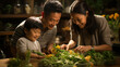 Happy asian family cooking vegetable salad in kitchen at home. Mother, father and son having fun together.