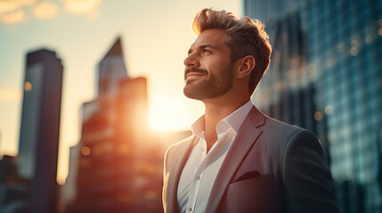Happy wealthy rich successful caucasian businessman standing in big city modern skyscrapers street on sunset thinking of successful vision, dreaming of new investment opportunities