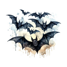 Black Halloween Bats Watercolor On White Background
