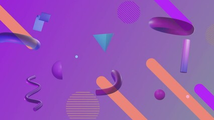 Animation of colourful various geometric objects rotating on purple background