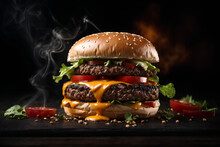 Fresh Tasty Burger With Little Steam On Dark Background. Fast Food. Unhealthy But Delicious Food. Commercial Promotional Photo 