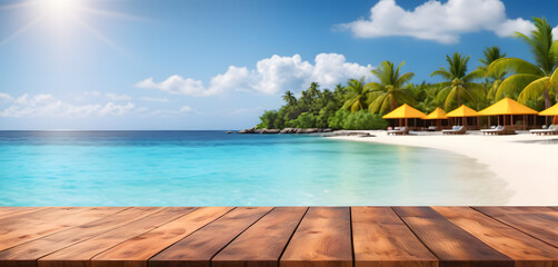 Wooden table top with the blurred tropical beach landscape for display or montage your products. AI generative.