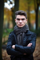 Wall Mural - portrait of a handsome young man standing outdoors with his arms folded