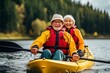 © Jorge Ferreiro - happy retired couple enjoying the travel moment paddling on the river