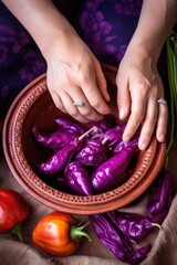 Wall Mural - closeup of hands and purple peppers in a bowl