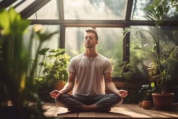 A young man in a training top t-shirt and joggers sitting in yoga asana lotus pose meditating in a sunlit room with green plants