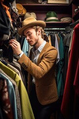 Wall Mural - shot of a young man shopping for vintage clothing in his wardrobe