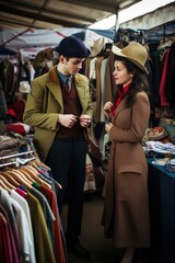 Wall Mural - shot of a young man and woman going through the wares at their vintage clothing stall