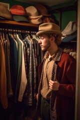 Wall Mural - shot of a young man shopping for vintage clothing in his wardrobe