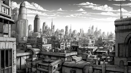 Wall Mural - Magnificent urban landscape in black and white colors. Fantasy concept , Illustration painting.