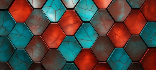 Poster - Abstract futuristic luxurious digital geometric technology hexagon background banner illustration 3d - Turquoise red hexagonal 3d shape texture wall
