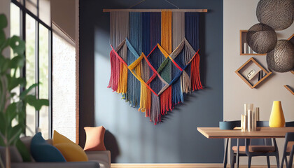 Weaving Yarn design with Modern hanging wallmade, modern living room, Ai generated image 