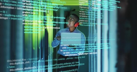 Sticker - Animation of data processing over african american male engineer using laptop working at server room