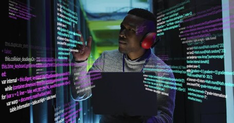 Sticker - Animation of data processing over african american male engineer using laptop working at server room