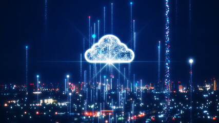 Leinwandbilder - Cloud and edge computing technology data transfer concept. Dark and blurry night cityscape It has a large cloud icon in the middle. Particles float on a dark blue background.
