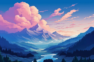 Wall Mural - sky clouds mountain range, wallpaper landscape panorama background illustration