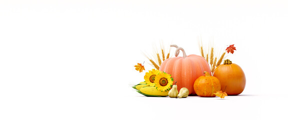 Wall Mural - Autumn seasonal concept with pumpkins and fall decorations on white background 3d render 3d illustration