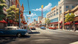 hyperrealistic cartoon of an alternate sci-fi reality of tesla technology in the 1950's downtown Anaheim California on a crowded street during a clear day