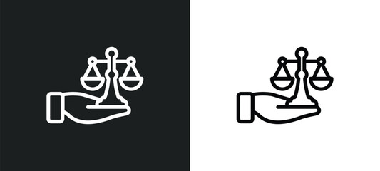 Wall Mural - justice scales in hand icon isolated in white and black colors. justice scales in hand outline vecto
