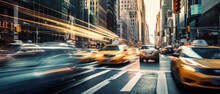 Cars In Movement With Motion Blur. A Crowded Street Scene In Downtown Big Cities. Generative Ai