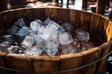 Wall Mural - ice bath full of large ice cubes, cold water in wooden tub with ice floating