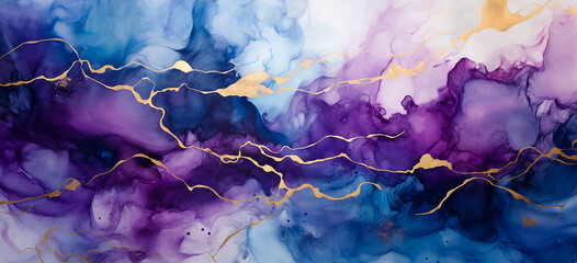 Wall Mural - Fondo abstracto - Alcohol ink tinta, fluido, - Oro elegante, azul, morado, blanco 