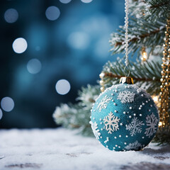 Wall Mural - Christmas ball and green tree in the snow on blue, ai technology