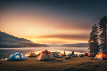 a peaceful camping scene by the tranquil lake at sunrise.