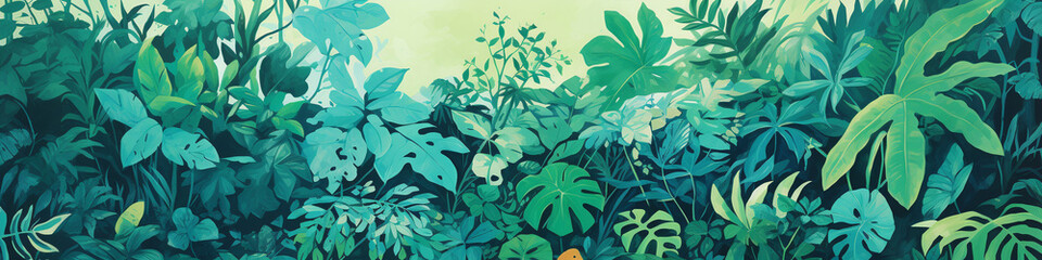 A Risograph Illustration of Exaggerated Jungle Foliage Revealing Hidden Wonders