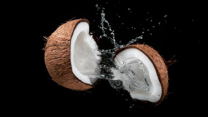 Poster - Cracked coconut with splashing water, super slow motion filmed on high speed cinematic camera at 1000 fps.