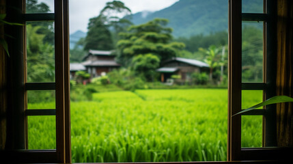  日本の家屋の窓から見た水田や山々の様子