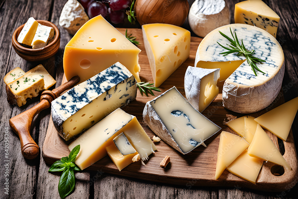 Assortment of cheeses. Various types of cheese. AI generated
