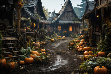 Wall Mural - Halloween spooky background, scary jack o lantern pumpkins in creepy dark Happy Haloween ghosts horror mysterious night village street garden with old haunted house mystic backdrop.