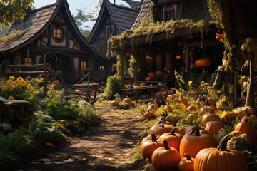 Wall Mural - Halloween spooky background, scary jack o lantern pumpkins in creepy dark Happy Haloween ghosts horror mysterious night village street garden with old haunted house mystic backdrop.